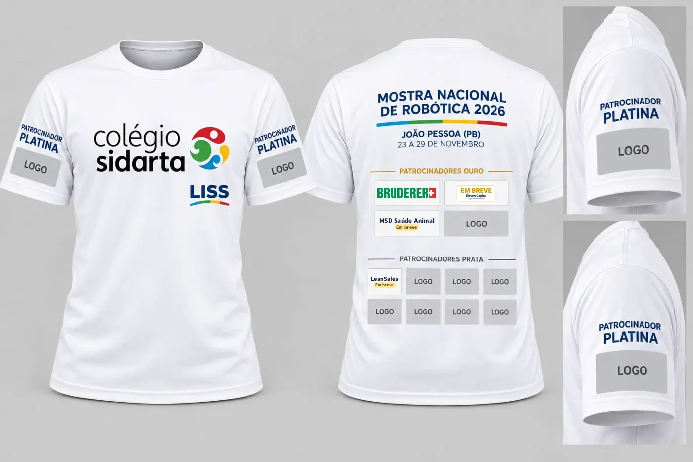 Proposta visual da camiseta oficial: Colégio Sidarta e LISS na frente, uma cota Platina em cada manga, cotas Ouro e Prata nas costas.